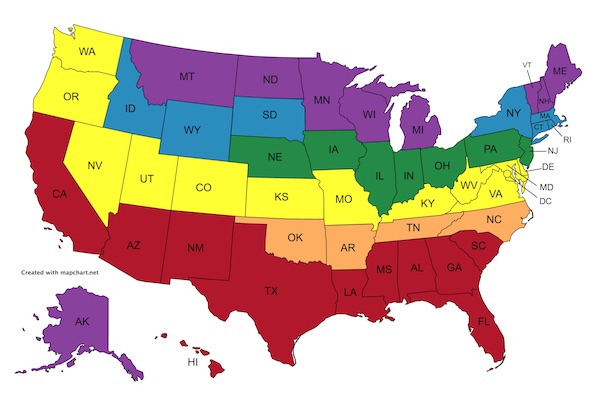 map of United States showing shipping zones for conventional sweet potatoes